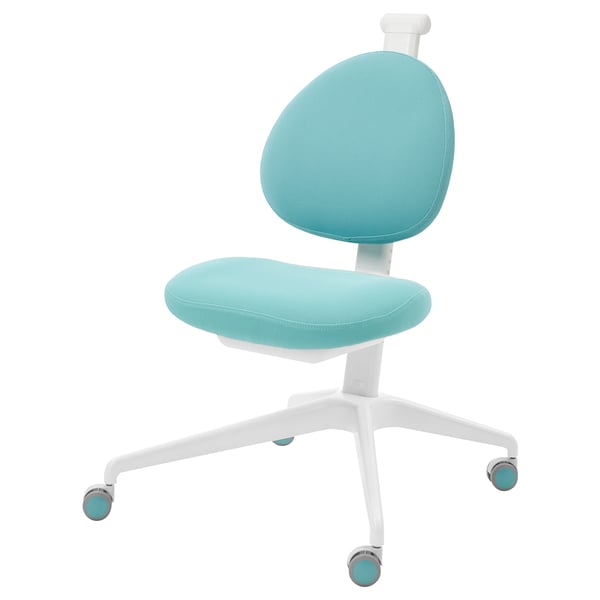 BERGLÄRKA blue desk chair. Adjustable height, mesh back, and five casters. Modern and ergonomic design.