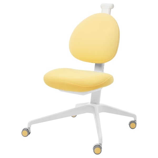 Yellow BERGLÄRKA desk chair, adjustable, white frame, cushioned seat.