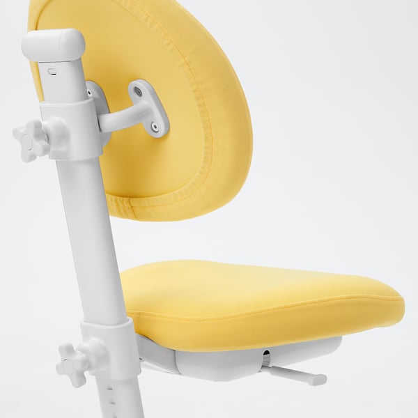 Bright yellow ergonomic chair with adjustable height and backrest, white metal frame.