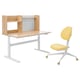 Adjustable kids desk & chair set. Light wood desk, grey base, tilt, storage. Yellow chair, star wheels.
