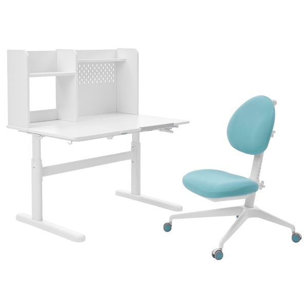 Modern white height-adjustable desk with built-in storage and angled surface. Paired with a blue cushioned office chair on wheels.