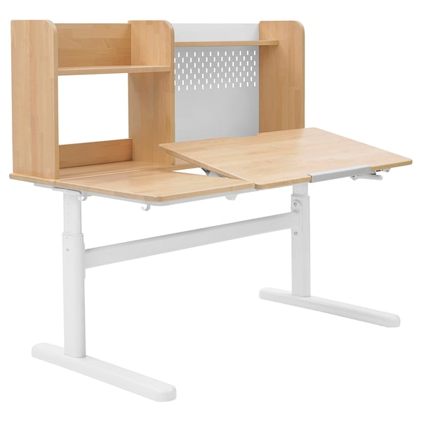 BERGLÄRKA kids desk, light wood & white, adjustable height & tilt, built-in shelves, pegboard.