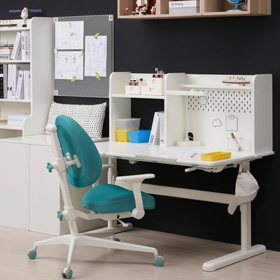White BERGLÄRKA desk with adjustable height and blue mesh chair, shelves, pegboard, bookshelf.