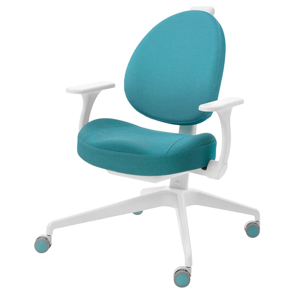 Teal adjustable office chair with white base and armrests.