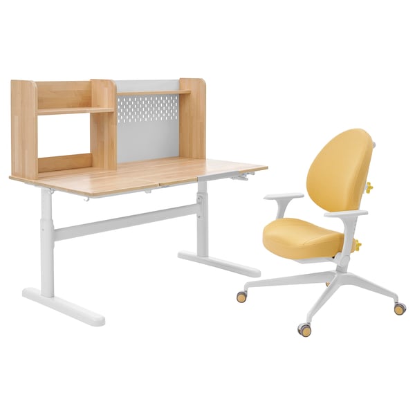 A light wood and yellow chair home office set with adjustable desk and ergonomic chair.