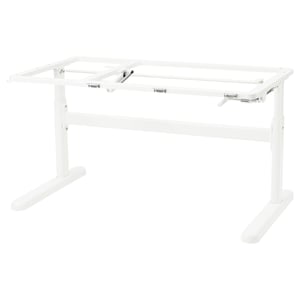 A white BERGLÄRKA desk base; sleek, modern design with adjustable height.