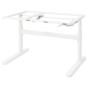 A white BERGLÄRKA adjustable desk stand with metal frame and plastic feet.