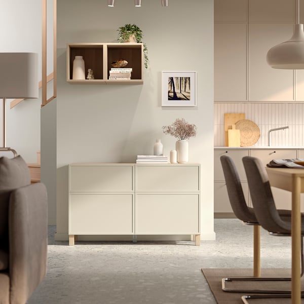 BESTÅ Storage combination w doors/drawers, white stained oak effect/Krukmakare beige, 120x42x74 cm