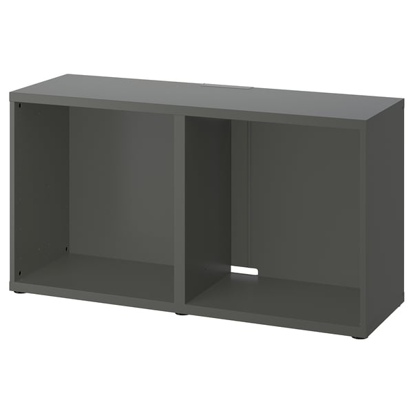 Dark grey rectangular shelf unit, part of IKEAs BESTÅ series, with open compartments and sleek design.