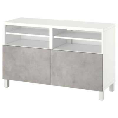 A white BESTÅ tv bench with grey concrete-effect doors, offering storage and cable management.