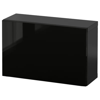 Black glossy storage unit, rectangular, sleek, minimalist design, modern furniture.