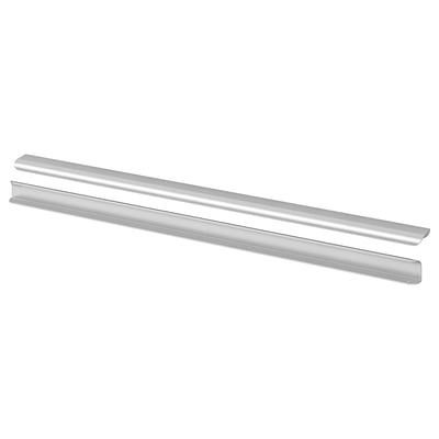 Two sleek, silver, elongated handles. Minimalist design, likely for kitchen cabinets. Made of aluminium with powder coating.