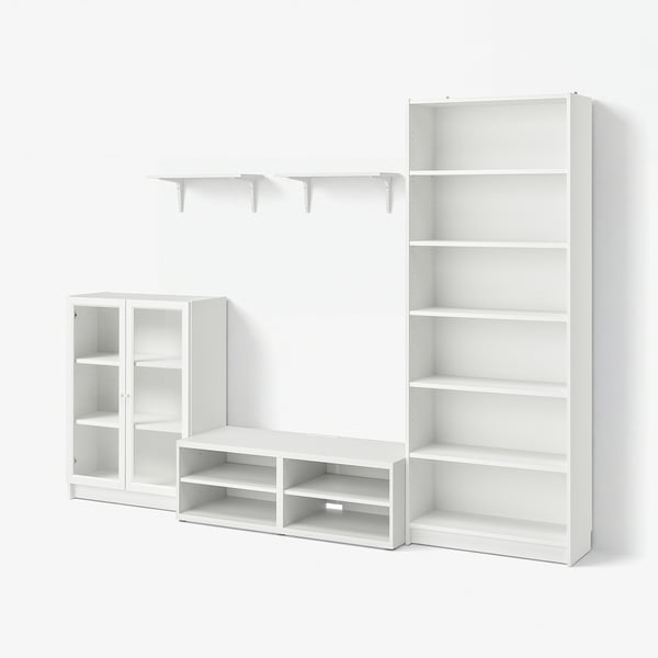 BILLY / BESTÅ TV storage combination, white clear glass/with wall shelves, 280x40x202 cm