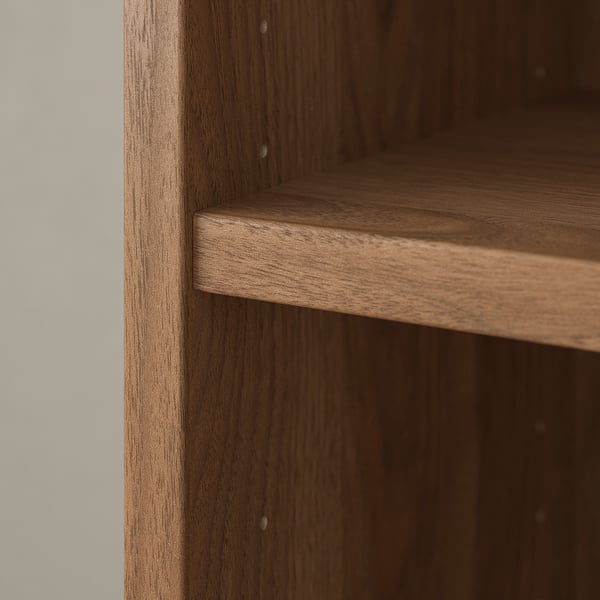 Close-up of sturdy, dark wooden shelf, smooth finish, visible wood grain and clean joinery.
