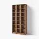 Tall wooden BILLY bookcase, light brown, square shelves, modern minimalist design.