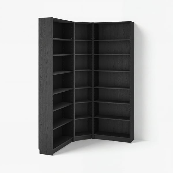 Black BILLY bookshelf, an empty wooden corner unit with multiple shelves, modern and minimalistic design.