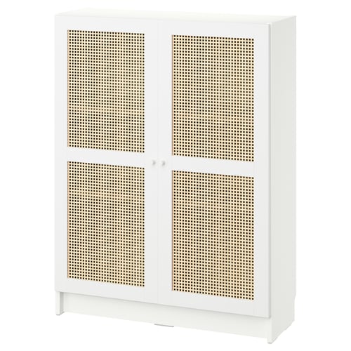 BILLY bookcase, white with bamboo doors, tall, airy, warm look.