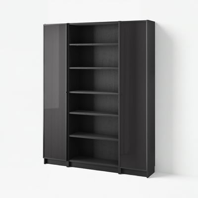 Black BILLY bookcase with glass doors sleek, modern design.