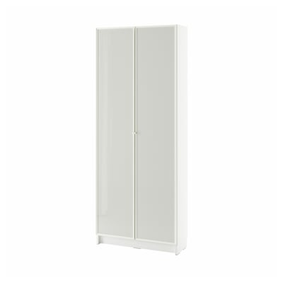 White BILLY bookcase with glass doors, adjustable shelves, metal frame.
