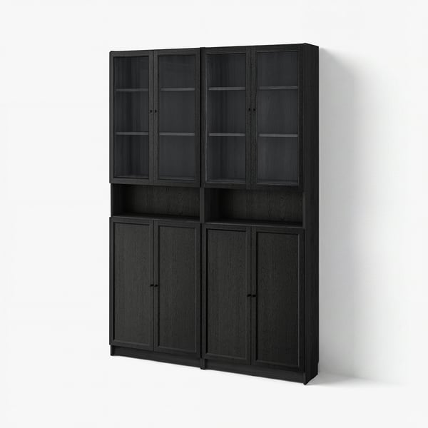 Black BILLY bookcase with glass doors, wooden doors, and adjustable shelves.