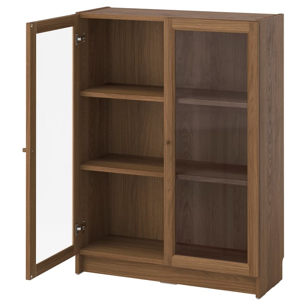 Wooden BILLY bookcase with glass doors, three shelves, dark brown finish, rectangular shape, and modern design.