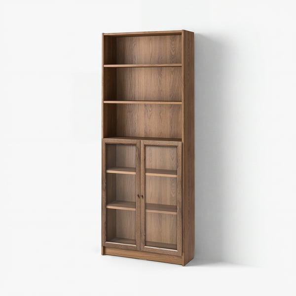 Tall brown wooden bookshelf with glass doors, four open shelves, against white wall.