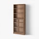 Tall brown wooden bookshelf with glass doors, four open shelves, against white wall.