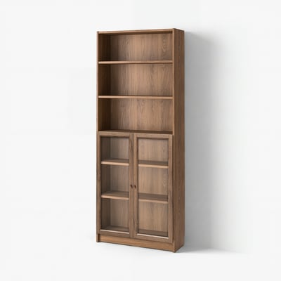 Tall brown wooden bookshelf with glass doors, four open shelves, against white wall.