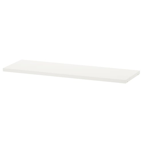 White BILLY shelf, rectangular, flat surface, made of particleboard with plastic edging. Minimalist design, perfect for storage.