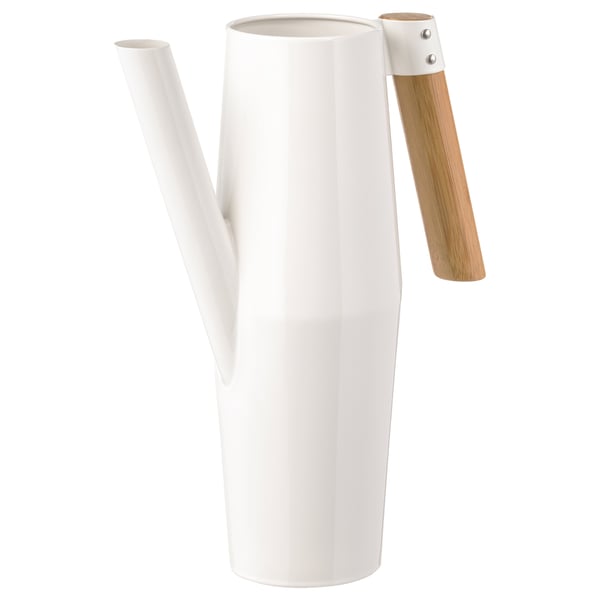 BITTERGURKA white watering can, slim & birch-like, bamboo handle, stylish.