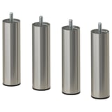 Four BJORLI stainless steel table legs with black footers, standing upright in a row.