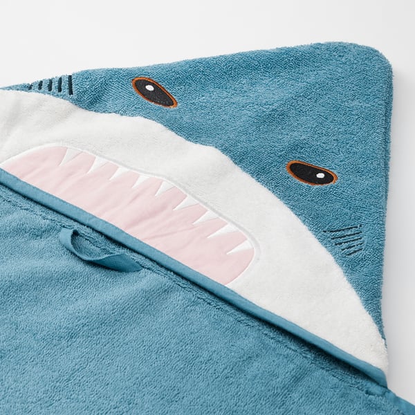 Blue shark towel with hood, detailed eyes & open mouth, quality cotton, soft & absorbent.