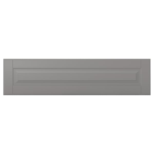 A grey BODBYN cabinet door with a bevelled panel design. The smooth, rectangular door is made of fibreboard with a lacquered finish.