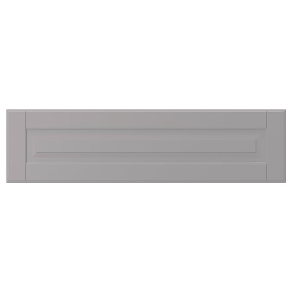 A grey, rectangular cabinet door with a central bevelled panel, made of fibreboard. The design is simple and traditional.