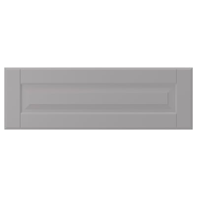 BODBYN grey kitchen cabinets, featuring sleek lacquered surfaces and bevelled panels, offering a classic and clean design.
