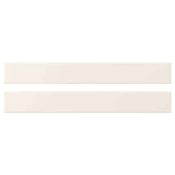 Two off-white bevelled BODBYN cabinet doors made of fibreboard with a smooth lacquered finish.