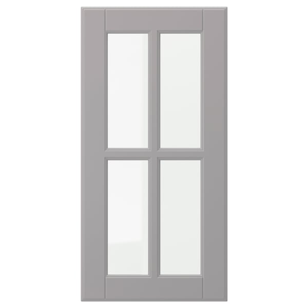 A light grey BODBYN cabinet door with a smooth, lacquered finish and bevelled glass panels.