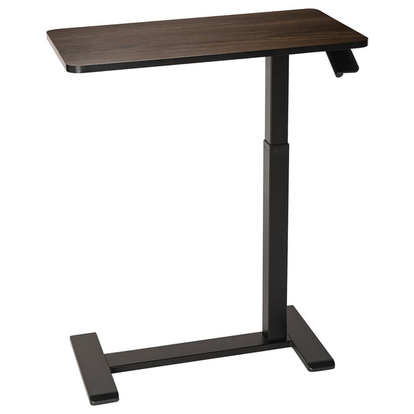 Black adjustable desk with dark wood top.