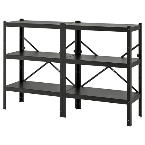 Black BROR shelf unit, sturdy metal design with three tiers, ideal for heavy storage.