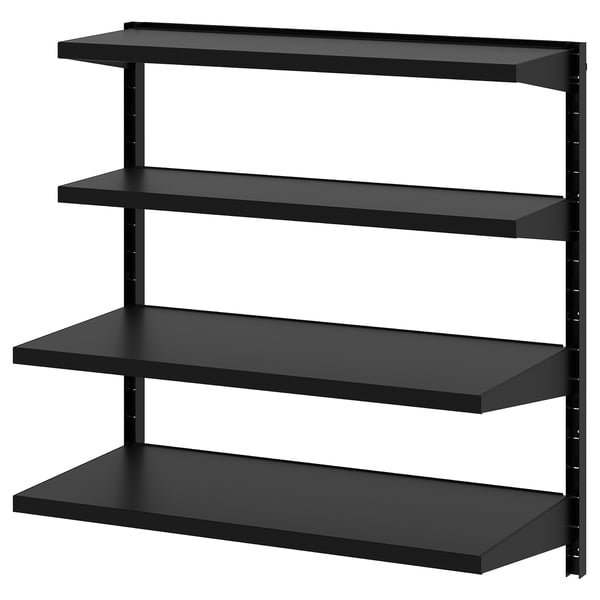 Black BROR shelving unit with four shelves, made of powder-coated steel, suitable for garages or storage spaces.
