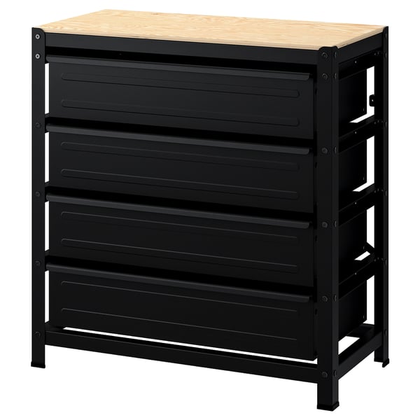 The BROR workbench with drawers. It is black, made of steel and pine plywood, rectangular in shape, and a sturdy, clean design.