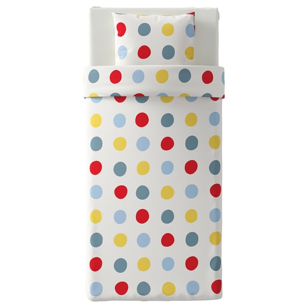 Polka dot bedding set, multicoloured dots on white. Includes duvet and pillow, made from recycled polyester.