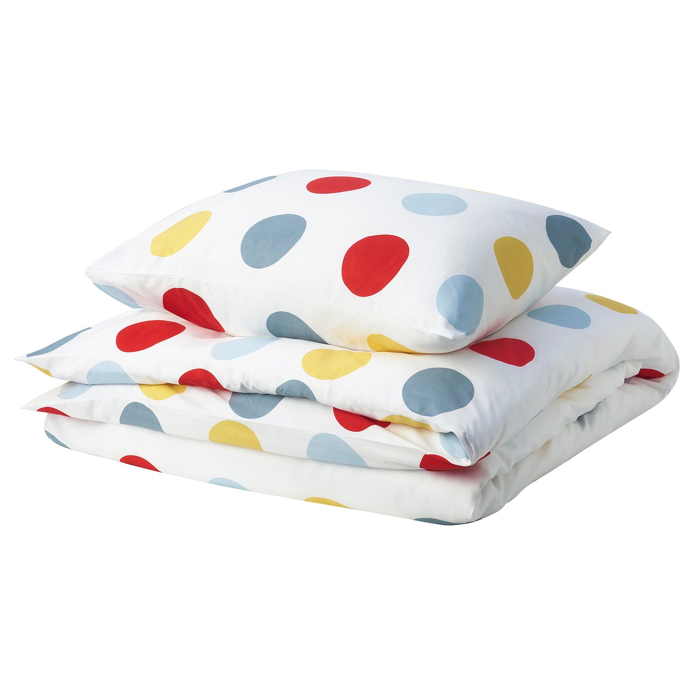 BRUKSVARA bedlinen set: white with colourful dots, soft polyester, rectangular with envelope closure.