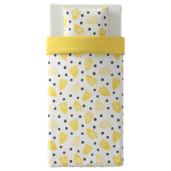 Bright yellow & white bedding with hand prints, featuring 1 pillowcase & 1 duvet cover made from recycled polyester.