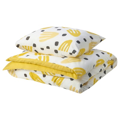BRUKSVARA bedding set: white with yellow & black patterns, soft recycled polyester, rectangular with envelope pillowcase.