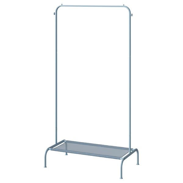 A light blue BRUKSVARA clothes rack with a mesh bottom shelf, hooks, and plastic feet.