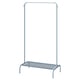 A light blue BRUKSVARA clothes rack with a mesh bottom shelf, hooks, and plastic feet.