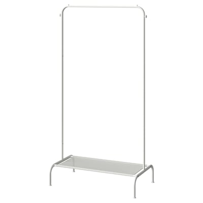 BRUKSVARA metallic clothes rack, white, steel & plastic, stands alone, hangs clothes & accessories, bottom shelf for storage.