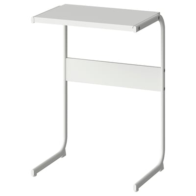 White BRUKSVARA side table with rectangular top, back panel, and curved legs.
