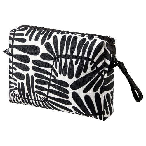 Black and white patterned clutch bag with zip closure and wrist strap. Tropical leaf design, eco-friendly materials.